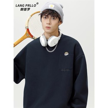 美式口袋刺繡圓領衛衣男款2025秋季新款潮牌重磅休閑寬松套頭上衣