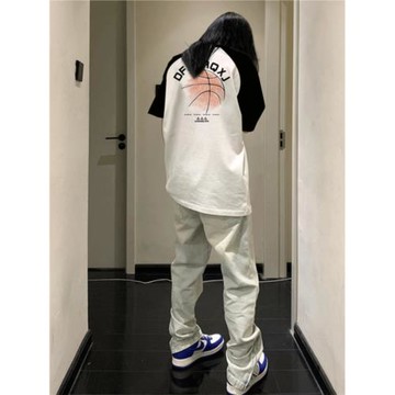 美式復古插肩潮流撞色T恤女夏季寬松籃球短袖重磅純棉半袖上衣女