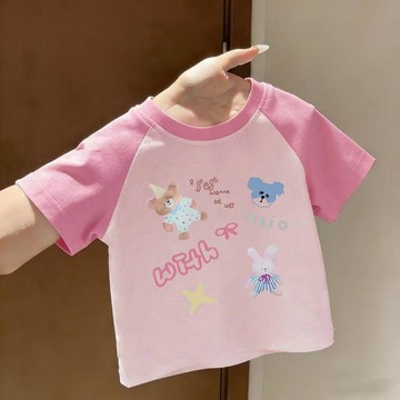 Mimo⭐女寶可愛純棉圓領短袖T恤拼色洋氣卡通印花夏季薄款百搭