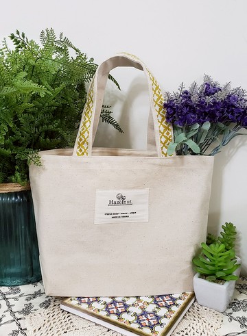 簡約素色米白色黃色圖案包包手提托特包小挽袋