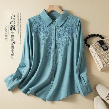 棉麻刺繡長袖襯衫女上衣2024年新款秋季文藝大碼休閑百搭亞麻襯衣