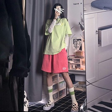 ins超火高腰休閑運動短褲女2021新款直筒五分褲chic港味寬松褲子