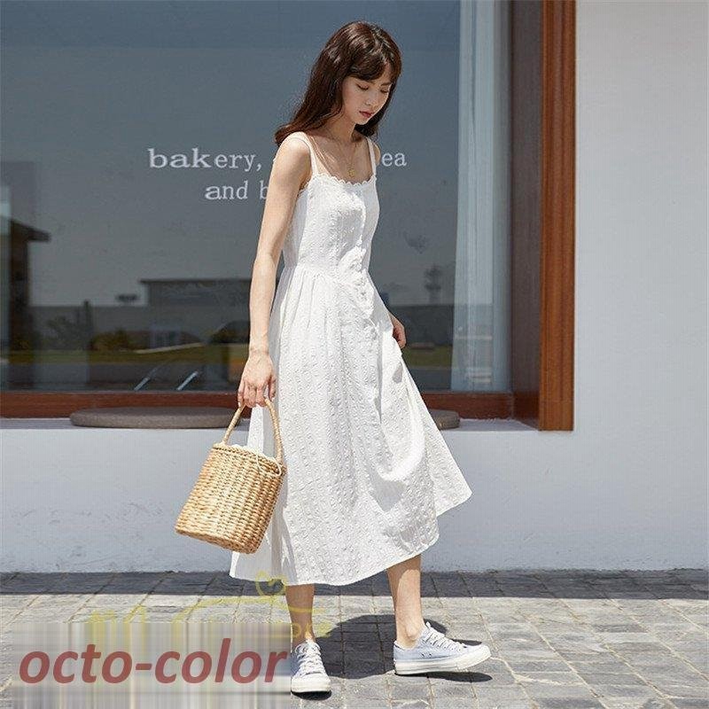 ワンピース レディース 着痩せ ロング丈 無地 白 夏新作 人気 フランス風 キャミワンピース フェミニン カジ 通販 Lineポイント最大get Lineショッピング
