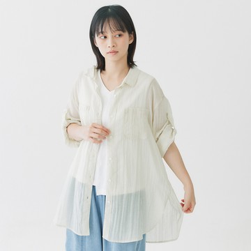 天絲捲袖罩衫 黃綠F