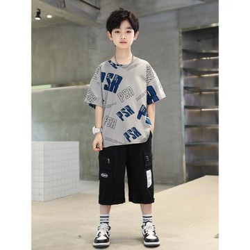 男童夏裝套裝2024新款洋氣潮流中大童兒童夏季短袖帥氣男孩童裝酷