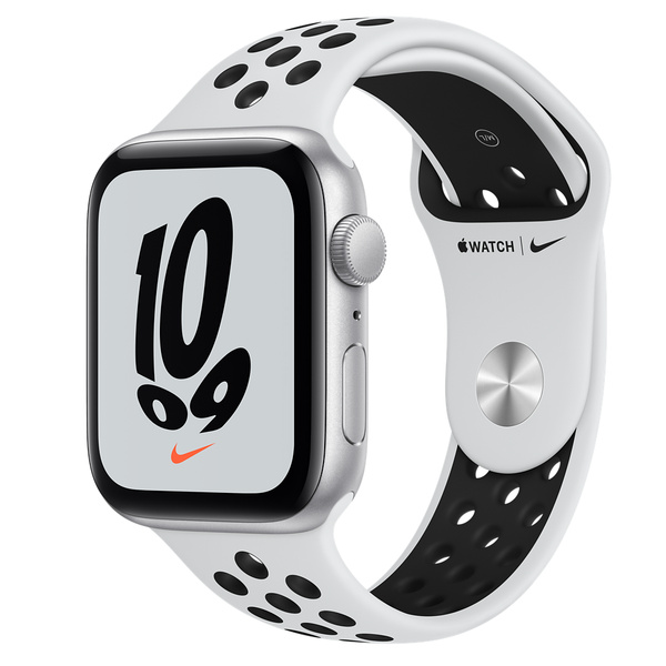 Apple Watch Nike SE (GPS)；44 公釐銀色鋁金屬錶殼；Pure Platinum 配黑色 運動型錶帶 -