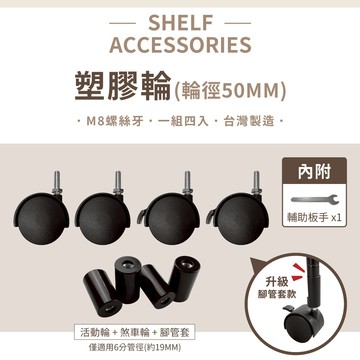 【可超取｜適用六分管】塑膠輪 輪徑50MM 含2活動輪＆2剎車輪 搭配43X28、46X40、60X30 層架配件 輪子