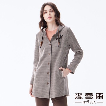 MYVEGA麥雪爾 連帽千鳥格排釦大衣外套-卡其