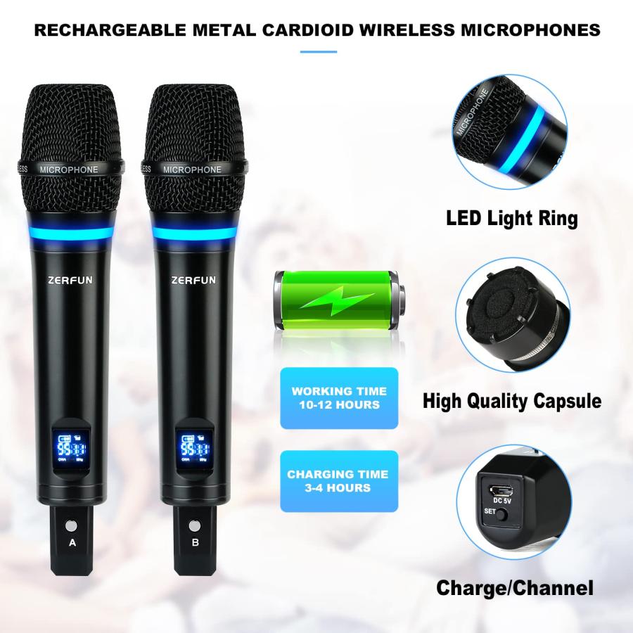 ZERFUN G8 Rechargeable Wireless Microphone System Channel, UHF Metal Karaoke Cordless Mics Professional Handheld for Singing Church, VOL Control, 4x