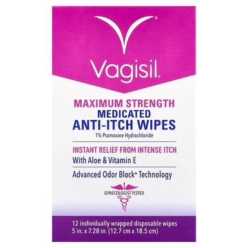 Vagisil, 含方劑緩解瘙癢溼巾，特強型，12 片獨立包裝一次性溼巾