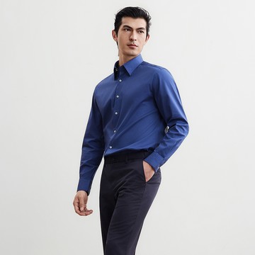 免熨防皺彈性點狀暗紋長袖上班襯衫/午夜藍色 | 4112113275