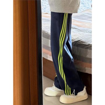 純棉藏青色條紋運動褲女秋冬2024新款寬松束腳直筒闊腿休閑衛褲子