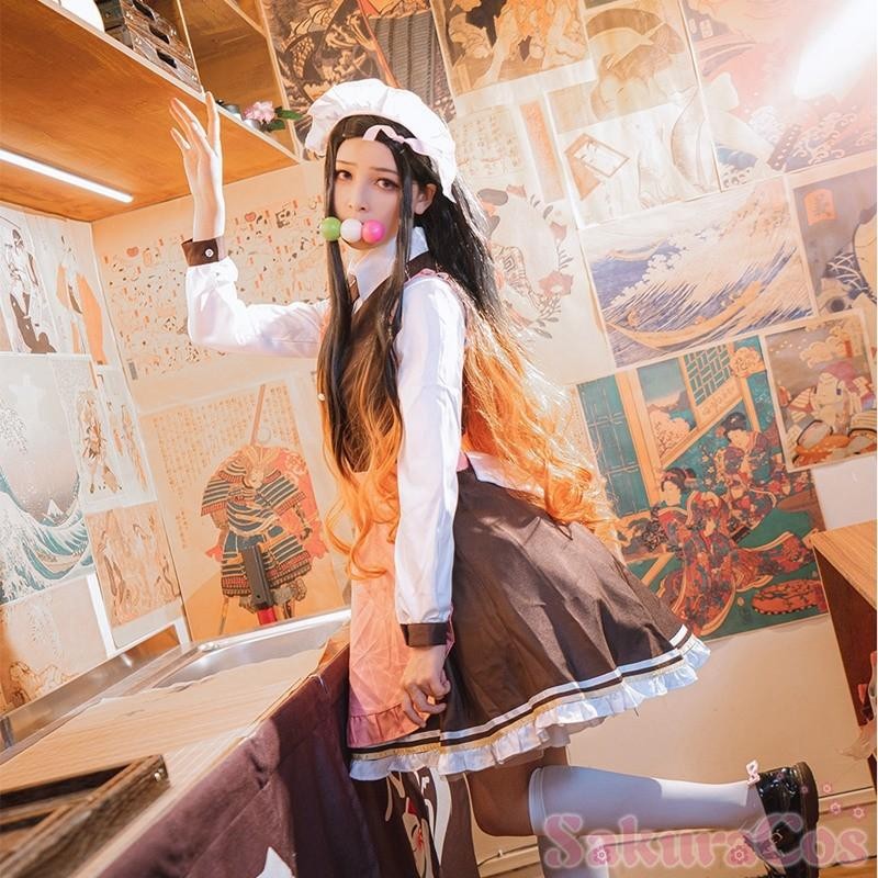 鬼滅の刃 風 コスプレ 竈門禰豆子 カフェ メイド服 コスプレ衣装