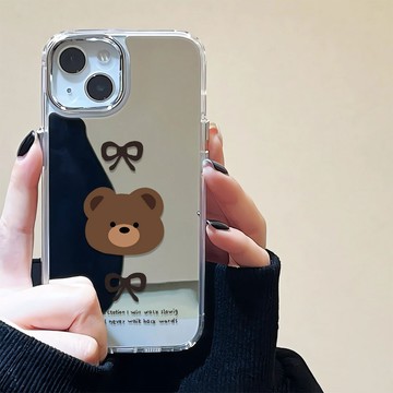 簡約蝴蝶結小熊 鏡面手機殼 蘋果i6手機殻 iPhone14 Promax 15 iPhone13保護殼 防摔大孔硬殼
