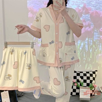 睡衣女網紅短袖三件套2022年夏季簡約時尚洋氣休閑長褲大碼家居服