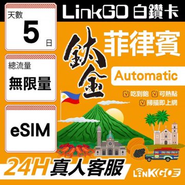 LinkGO白鑽卡 菲律賓 eSIM卡  5天鈦金款吃到飽不降速 高速流量(菲律賓網卡 宿霧 巴拉望 馬尼拉)