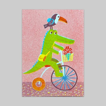 甜甜圈腳踏車/鱷魚郵差/孔版印刷明信片/ハガキ
