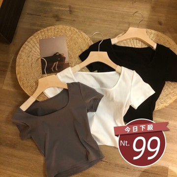 【台灣發貨】韓版方領彈性緊身短版上衣 衣服 女裝 t恤 短袖t恤 上衣【T355】