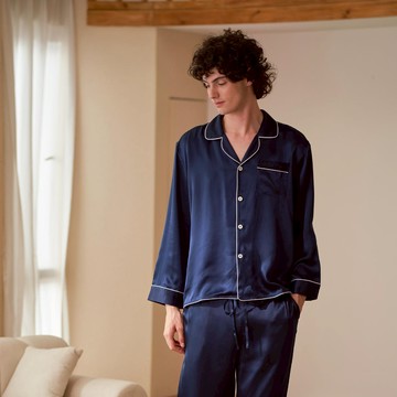 Not Just Pajama 男士重磅真絲長袖居家服/涼爽舒適絲綢睡衣 - 藏藍色-M