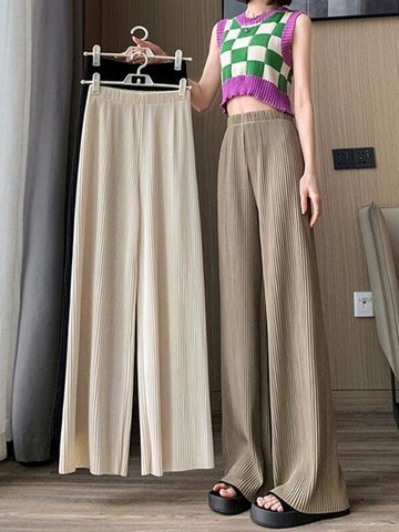 【免運】窄版冰絲褲 高腰闊腿褲 家居褲 直筒長褲 女生夏季 薄款 褶皺涼涼褲子 顯瘦休閒 拖地褲