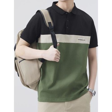 冰絲棉休閑Polo衫短袖T恤男夏季新款透氣涼感撞色拼接半袖上衣服
