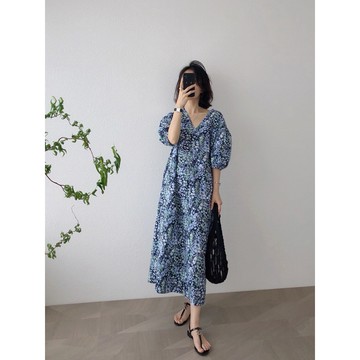 （時尚單品上裝/連身裙）台灣出貨/專員品檢/加大碼/韓國東大門長款氣質連衣裙女/洋裝裙/春夏季新款法式遮肉顯瘦寬松連身裙
