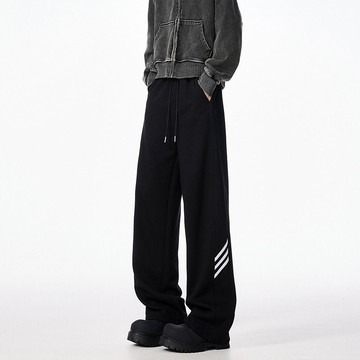 黑色重磅條紋運動棉褲男 秋冬季美式穿搭褲子直筒休閒垂墜感闊腿長褲