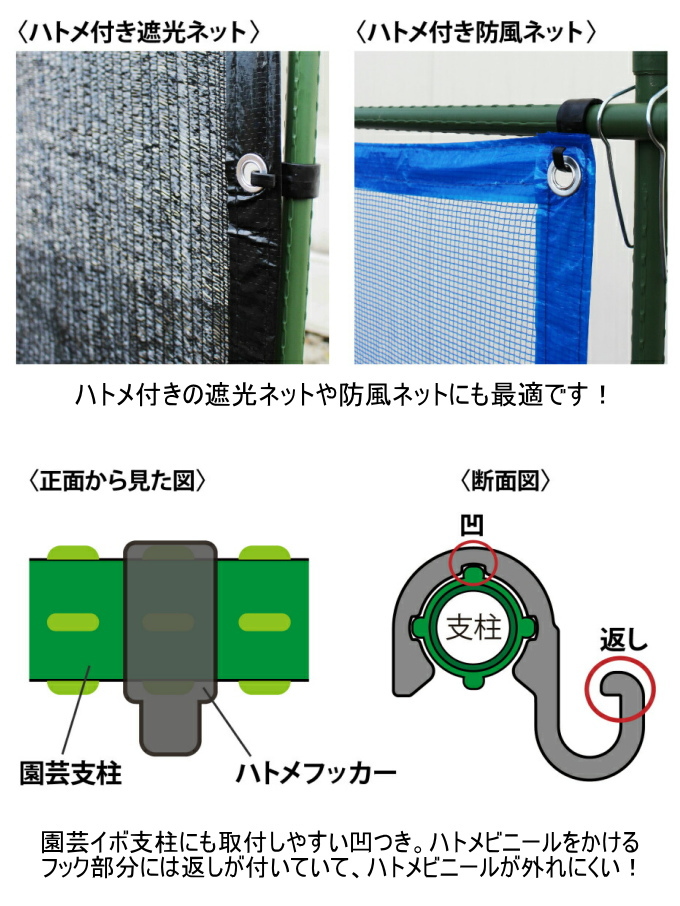 ハトメフッカー 10個入り 外径19-20mm用 ブラック 園芸 家庭菜園 菜園 畑 庭 支柱 栽培 花 野菜 防止 固定 クロネコゆうパケット対応