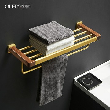 黑胡桃木輕奢浴室掛架毛巾架浴巾架衛生間置物架免打孔墻壁掛式