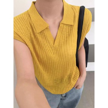 (免運)黃色翻領小飛袖冰絲針織衫女夏季薄款韓系設計感正肩半袖t恤上衣