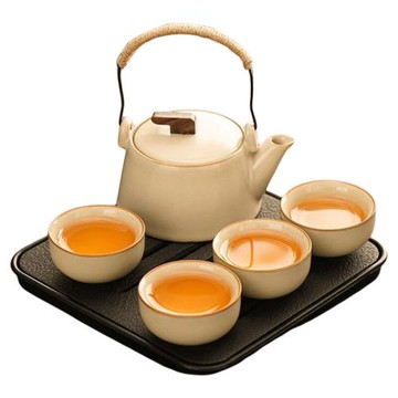 黃汝窯茶具套裝家用全套高檔陶瓷會客提梁茶杯茶壺茶盤中式客廳