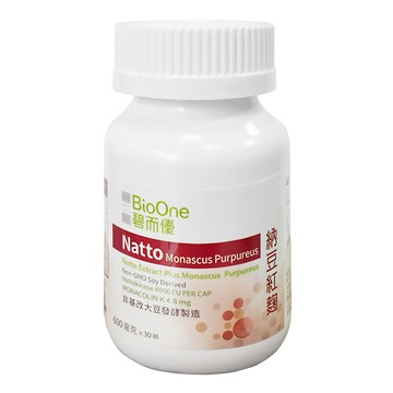BioOne 碧而優 納豆紅麴膠囊食品，每顆含納豆激酶 4000 FU，添加莫那可林 K 4.8mg，非基改大豆發酵製造  30顆  18g  1罐