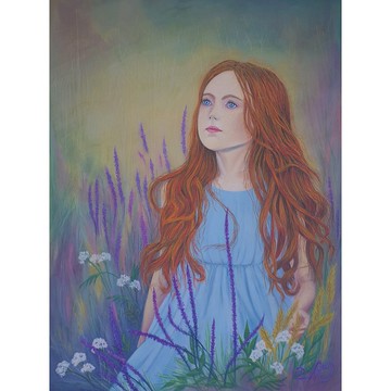女孩繪畫薰衣草原創藝術紅頭髮女孩女人軟粉彩畫