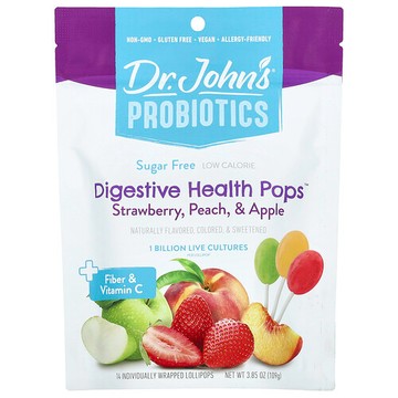 Dr. John's Healthy Sweets, 益生菌，消化健康棒棒糖™，+ 纖維和維生素 C，草莓、桃子和蘋果味，14 根獨立包裝的棒棒糖，3.85 盎司（109 克）