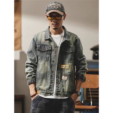 高端機車風大V刺繡男士牛仔外套男春秋季痞帥復古歐貨夾克外衣潮