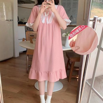 孕婦裝  哺乳套裝 喂奶衣  月子服   夏季薄款哺乳睡裙產後大碼月子服孕婦餵奶裙子睡衣產婦短袖連衣裙
