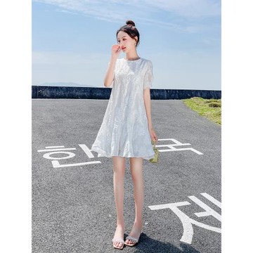 連衣裙女夏季2025新款法式氣質白色短袖寬松顯瘦小個子溫柔風裙子