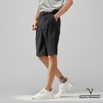 【Emilio Valentino 范倫鐵諾】男裝經典彈力雙邊鬆緊打摺休閒短褲_黑(70-3C7731)