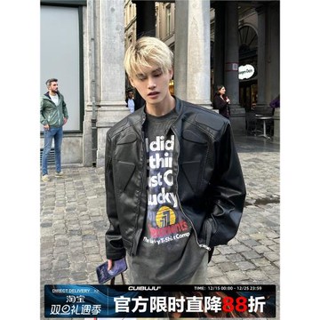 cuibuju 小眾結構設計高級感機車夾克外套男炸街墊肩皮衣夾棉加厚