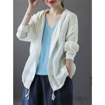 亞麻連帽防曬衫上衣女文藝大碼純色休閑長袖襯衫寬松百搭薄款外套