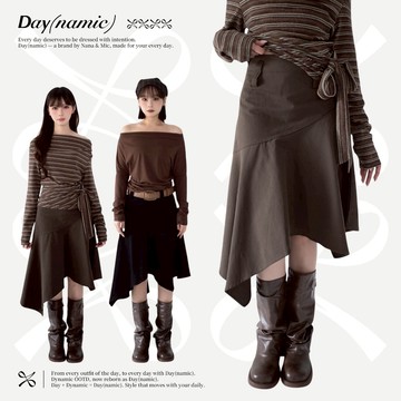 【Day(namic) 全店現貨】復古 D26 不規則牛仔半裙 墨黑 抹茶咖 及膝裙 a字裙 高腰裙 牛仔裙 裙子