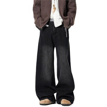 美式高街水洗做舊加絨牛仔褲男冬季寬松復古加厚保暖闊腿黑色長褲