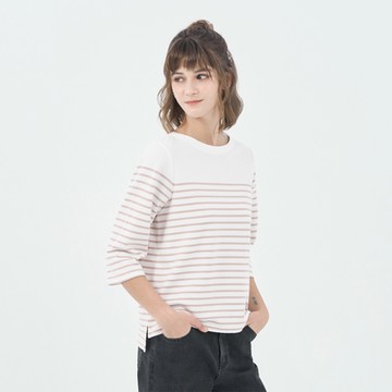 GIORDANO 女裝船領條紋七分袖上衣 - 69 皎白X灰影紫