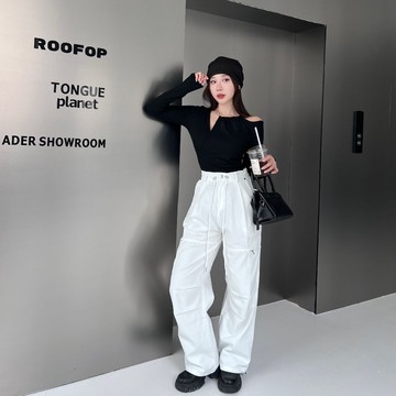 【美式工裝】DOMISS抽繩闊腿長褲 街頭 工裝褲 寬褲-3色(現貨)