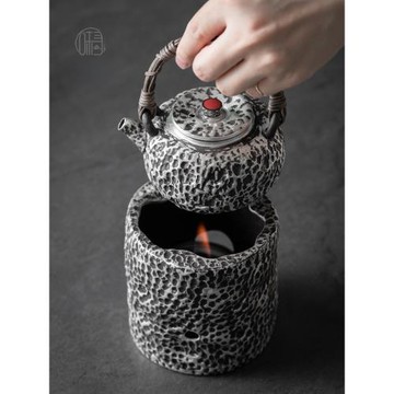 手工錘紋銀彩煮茶壺茶爐｜復古風陶瓷鎏銀提梁壺粗陶中式功夫茶具