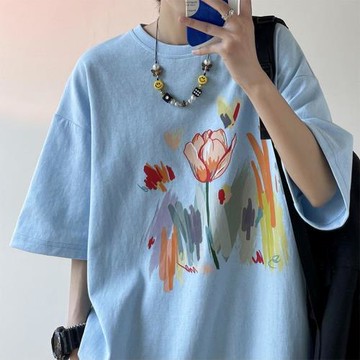 原創美式t恤男短袖夏季潮牌重磅涂鴉設計感正肩寬松純棉情侶衣服