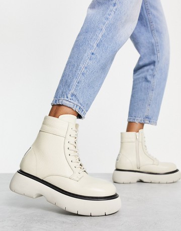 Steve Madden Wanny lace front chunky boots in bone leather-Neutral