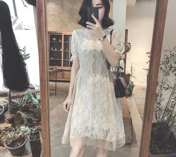 FINDSENSE H1 2018 夏季 新款 氣質優雅 V領高腰 仙氣 蕾絲中長款 連衣裙 休閒潮流 女裙子