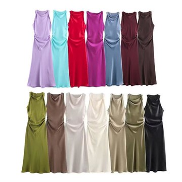 外貿2024春季新款歐美時尚圓領無袖黑色絲緞質感連衣裙女8372090