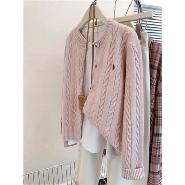 粉色麻花刺繡羊毛針織開衫女秋裝秋冬2025新款軟糯毛衣外套上衣冬